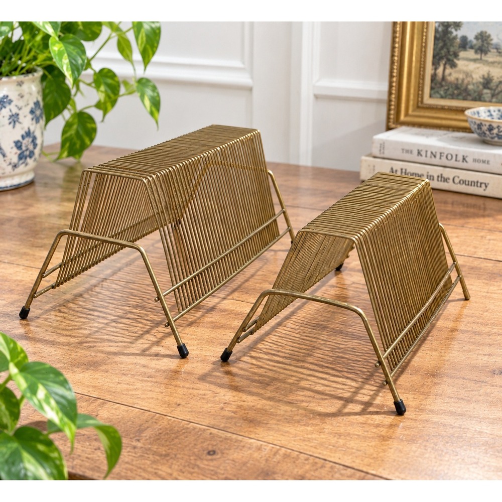 Vintage Brass Wire Record Rack Set of 2 Mid Century Modern Vinyl LP Storage